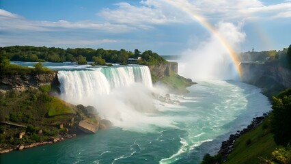Fototapeta premium Majestic Niagara Falls Cascades Powerfully On A Sunny Day, With A Vibrant Rainbow Arcing Through The Mist, Showcasing One Of The World’s Most Iconic And Breathtaking Natural Wonders