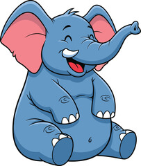 Cartoon blue elephant, cute animal character, joyful baby elephant, sitting pose, playful trunk, pink ears, smiling face, kids illustration, cad drawing flat vector illustration