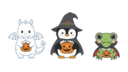 Halloween Characters: A charming collection of cartoon creatures, adorned in festive attire and carrying pumpkin lanterns, capture the whimsical spirit of Halloween. 