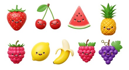Collection of cute cartoon fruit characters isolated on white background, including strawberry, cherry, watermelon, pineapple, lemon and grapes