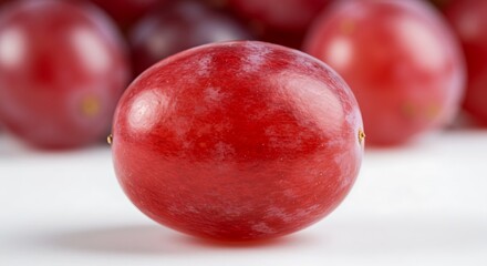 Obraz premium Closeup of a single red grape isolated on white background, showcasing its smooth skin and translucent flesh, surrounded by other grapes