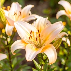 Obraz premium Close-up of peach-colored lilies in garden
