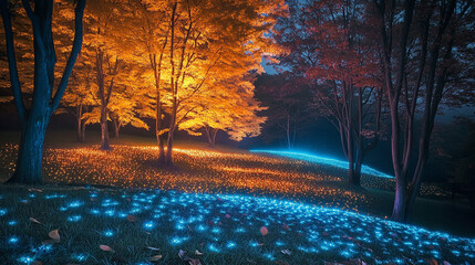 Enchanted Forest Autumn Glow with Bioluminescent Meadow