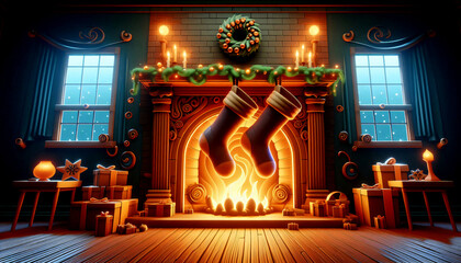 A fireplace wall glowing with surreal oversized stockings