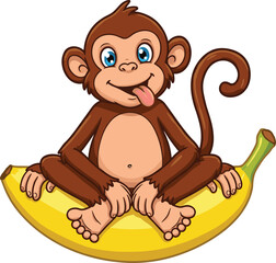 Obraz premium Cartoon monkey sitting on banana, playful jungle animal, cute character pose, children book mascot, cad drawing flat vector illustration