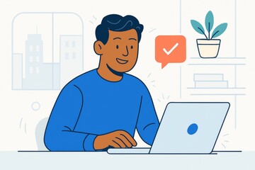 Smiling man working on laptop with checkmark notification on light abstract background in modern workspace interior illustration style concept. Ai generative