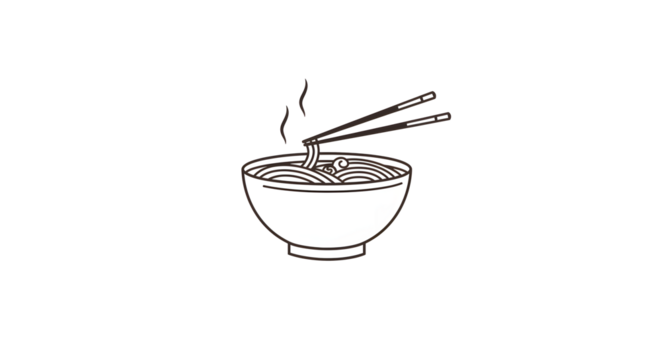 Steaming Hot Bowl of Noodles with Chopsticks in Black and White Illustration