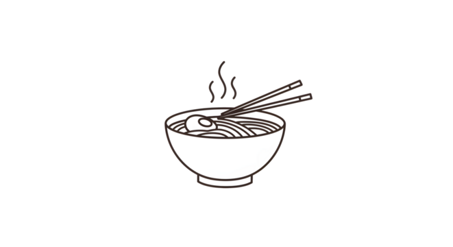 Bowl of Hot Noodles with Chopsticks Steaming in Black and White Line Art Illustration