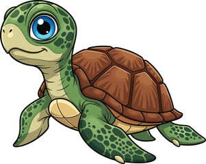 Cartoon turtle, cute green reptile, walking pose, smiling face, brown shell, blue eyes, kids character, nature theme, cad drawing flat vector illustration