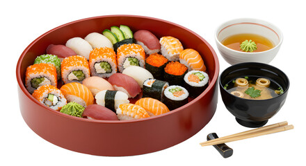 Assorted Sushi Platter with Soy Sauce and Miso Soup in Traditional Bowls