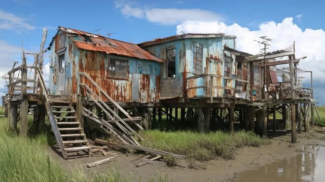 Rusty, weathered shacks on stilts above a muddy marsh, connected by wooden stairs.