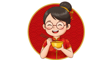 Cute Young Girl Wearing Traditional Red Dress Holding Bowl with Chopsticks in Festive Setting