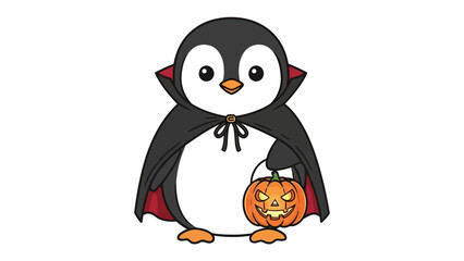 Halloween Penguin in Costume: A delightful cartoon illustration of a charming penguin dressed in a vampire cape and holding a carved pumpkin, embodying the festive spirit of Halloween.
