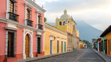 Naklejka premium Vibrant Colonial Buildings Line The Streets Of Antigua, Guatemala, With Bright Colors, Historic Charm, And Cobbled Roads Set Against The Majestic Backdrop Of Volcanoes In This Iconic City