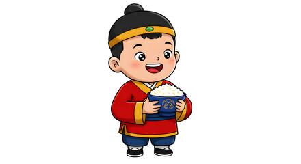Cute Cartoon Boy Wearing Traditional Red Costume Holding Bowl of Rice in Joyful Expression