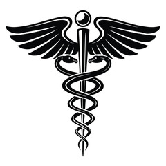 Black Caduceus Icon with Two Snakes and Wings on White Background symbol medical