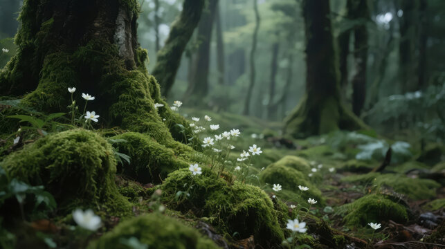 Start of Autumn solar term forest moss white flowers secret realm healing nature background