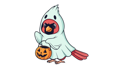 Halloween Bird Costume: A charming avian figure dons a ghost costume and carries a Jack O'Lantern bucket in a whimsical illustration.