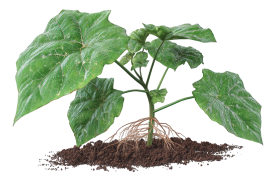 Plant Sapling with Roots and Soil on Transparent Background Studio Shot of a Young Green Plant with Detailed Root System Dark Brown Soil and Vibrant Green Leaves