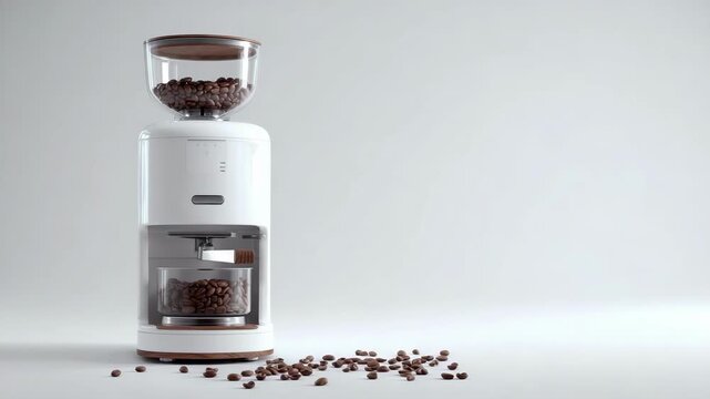 White coffee grinder with a top bean hopper, coffee beans spilled around it.