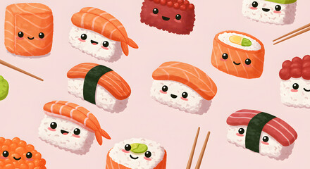 Cute Sushi Characters Collection on Pink Background for Kids or Food Decor