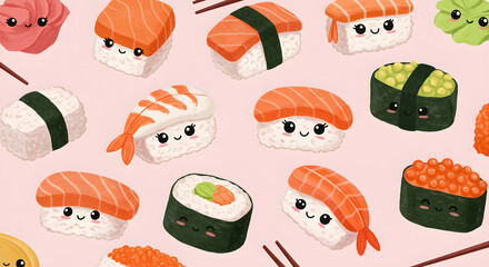 Cute Cartoon Sushi Characters on Soft Pink Background for Kids Food Design