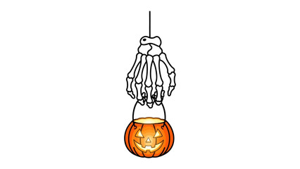 Spooky Halloween Decoration: A creepy illustration of a Halloween-themed decoration featuring a skeletal hand suspending a carved pumpkin jack-o'-lantern.