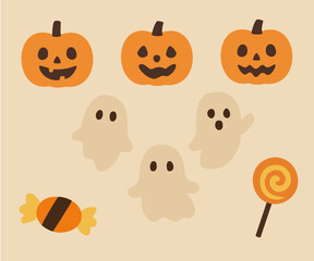 Cute Halloween Pumpkins, Ghosts, and Candy Illustration