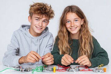 Fototapeta premium Smiling teenagers working on an electronics project, connecting wires, learning about electrical circuits with curiosity, and having fun in a bright, neutral environment.