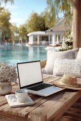 Fototapeta premium Laptop by a serene poolside with serene outdoor ambience