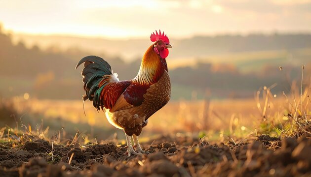 Vibrant Rooster Portrait on Brown Soil at Golden Hour Farm Backdrop - Powered by Adobe