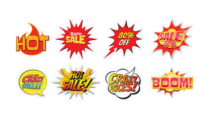 Stickers and tags banners set, collection of badges, sales labels with vibrant colors