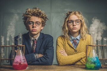 A serious young scientists pose with lab equipment, experimenting with colorful liquids and smoke, with expressions of focus and determination, in a vintage setting