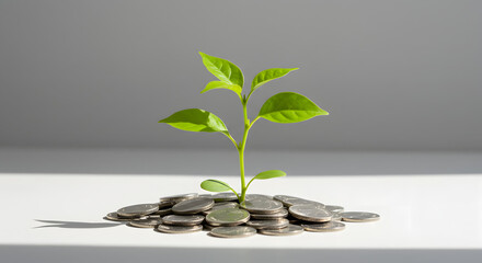 Young Green Plant Growing on Coins in Light Gray Background