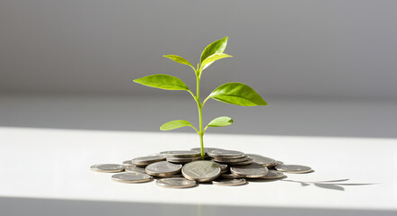 Young Green Plant Growing from Coins on White Surface in Bright Light