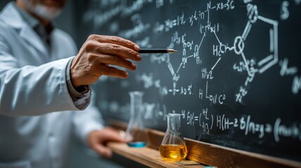 A scientist points to a chalkboard filled with complex scientific formulas, with two flasks of liquids on a shelf, illustrating research in a laboratory environment.