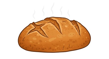 Freshly baked steaming bread loaf illustration. Warm golden crusty bread, bakery food graphic on white background.