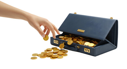 Hand Dropping Gold Coins into Blue Wallet on Transparent Background