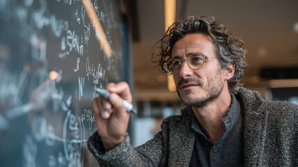 A man with glasses, deeply engrossed in writing complex equations on a blackboard, surrounded by various formulas and symbols, conveying intellect and expertise.