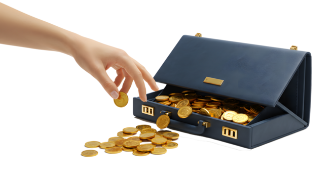 Hand Dropping Gold Coins into Blue Wallet on Transparent Background - Powered by Adobe