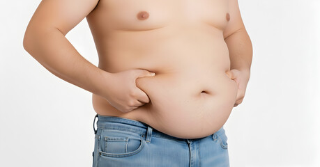 Naklejka premium Man pinching his stomach fat, a candid portrayal of weight gain and the personal journey towards better health and fitness on isolated white background.