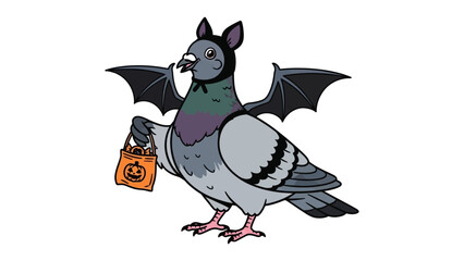 Spooky Pigeon's Halloween: A whimsical illustration of a pigeon dressed in a bat costume holding a trick-or-treat bag, embodying the spirit of Halloween.