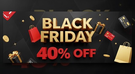 Exciting Black Friday 40% off sale with gift bags and credit cards, celebrating shopping deals.