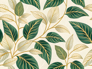 Luxurious botanical seamless pattern with dark emerald green and pale cream leaves accented by gold veins and stems