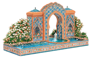 Elaborate Floral Fountain Structure with Intricate Mosaic and Lush White Roses on Black Backdrop with Teal Water and Delicate Details and Elaborate Ornate Architectural Feature