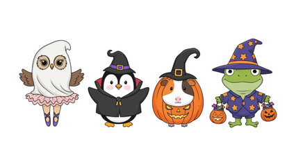 Enchanting Halloween Costumes: Whimsical illustrations of four adorable creatures in charming costumes, each embodying the spirit of Halloween.