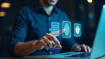 A man interacts with a holographic security interface (password, fingerprint, lock) on a laptop.