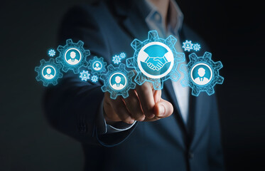 Connecting Teams Through Digital Partnership Interface, Finger points to handshake icon in gear network of user profiles