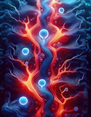 Abstract illustration of a vibrant bioluminescent energy network, featuring glowing blue pathways and fiery organic branches