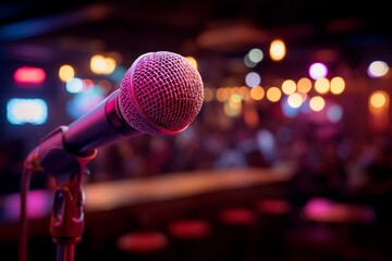 Close-up of microphone on stage with blurred background in vibrant bar setting